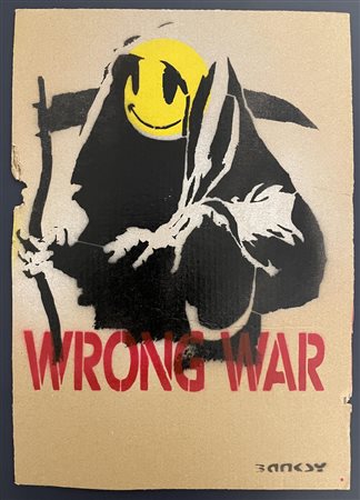 Banksy WRONG WAR sprayed stencil graffiti su cartone, cm 29,7x20,60; es....