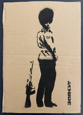 Banksy PISSING ROYAL GUARDSMAN sprayed stencil graffiti su cartone, cm...