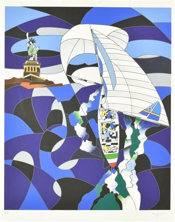 Ugo Nespolo REGATA A NEW YORK serigrafia su carta, cm 80x60; es. a.p. firma...