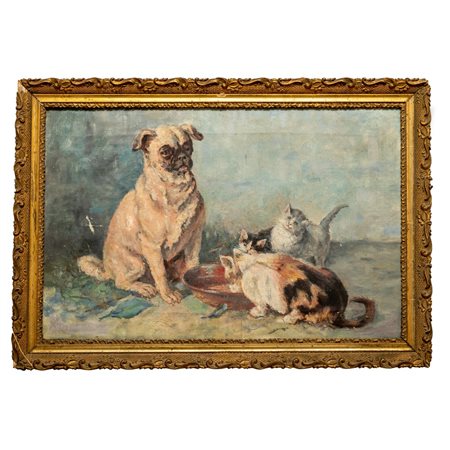 ANONIMO DEI PRIMI DEL '900, Cane e gatti, Olio su tela