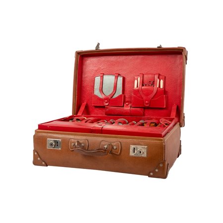 VALIGIA in cuoio contente set da toletta in vetro e argento