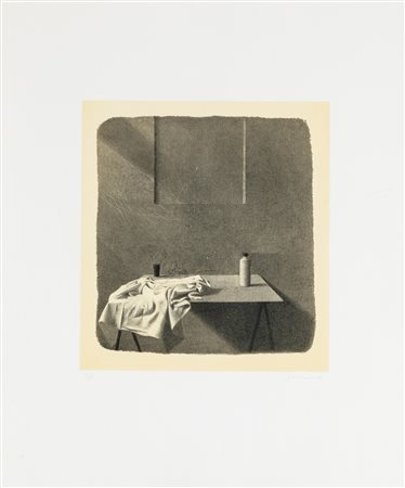 Gianfranco Ferroni, Tavolino con straccio e flacone, 1984