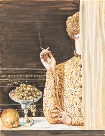 Giorgio De Chirico, Femme avec une sigarette, rideau et fruits, 1936-1937