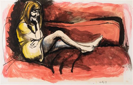 Renato Guttuso, Donna sdraiata su fondo rosso, 1969