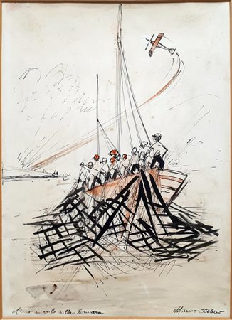 Mimmo Catalano AEREO IN VOLO SULLA TONNARA tecnica mista su carta, cm 34x24...