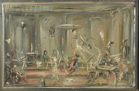 Giancarlo Ossola, (1935 - 2015) LABORATORIO olio su tela, cm 33x50 sul retro:...