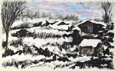 Dimitrie Berea, (1908 - 1975) PAESAGGIO INNEVAT0 tecnica mista su carta, cm...
