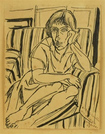 Giuseppe Migneco, (1908 - 1997) DONNA ASSISA pennafeltro su carta, cm 28x23...