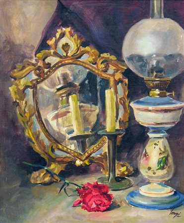 Carloantonio Longi, (1921 - 1980) NATURA MORTA CON LAMPADA, SPECCHIO E ROSA...