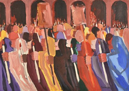 Saverio Terruso, (1939 - 2003) LA PROCESSIONE olio su tela, cm 50x70 firma...