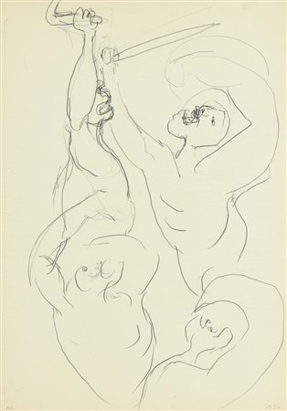 Arturo Carmassi, (1925 - 2015) IL MASSACRO matita su carta applicata su...