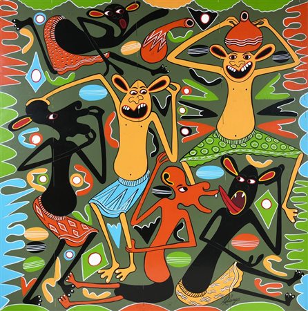 George Lilanga NGDJA NIMIJULIZE KISHA ANA MBIE VIZULI acrilico su tavola, cm...