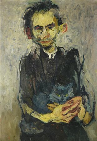 Piero Sadun, (1919 - 1974) DON LUIGI CON GATTO olio su tela, cm 69,5x50 sul...