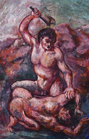 Aligi Sassu, (1912 - 2000) STUDIO PER L'IRA DI ACHILLE olio su cartone, cm...