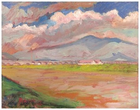 SANTI MACCHIA Pisa 1884 – 1964 I Condotti Olio su cartone 20,5 x 26,5. Firma...