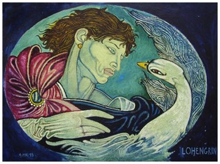 GIULIANO PINI Firenze 1935 Lohengrin 1999 Olio su tavola 31 x 41. Firma e...