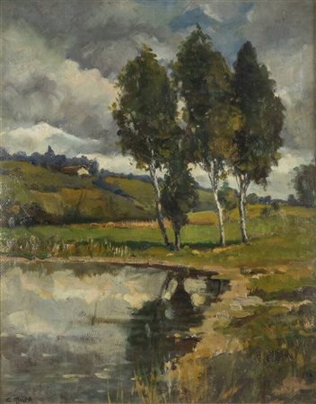 CARLO MUSSO<BR>Balangero (TO) 1907 - 1968<BR>"Paesaggio campestre con stagno"
