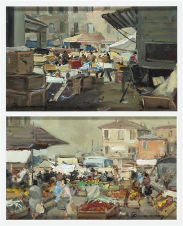 ARTURO BONANOMI<BR>Calolziocorte (LC) 1920 - 2010<BR>"Coppia di dipinti con vedute di mercati"