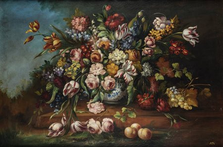 PITTORE NON IDENTIFICATO<BR>"Natura morta di fiori e frutta" XX secolo