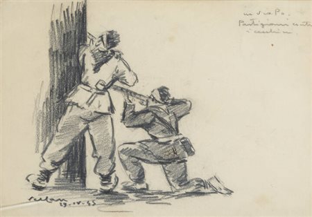 FELICE VELLAN<BR>Torino 1889 - 1976<BR>"In via Po - Partigiani contro i cecchini"  29-IV-45