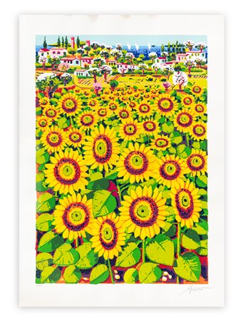 ATHOS FACCINCANI (1951) - Campo di girasoli verso il lago