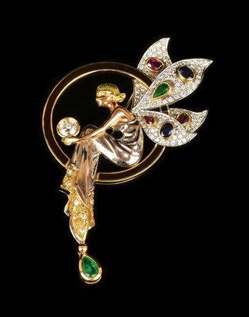 SPILLA IN ORO GIALLO, BIANCO, DIAMANTI E PIETRE DI COLORE realizzata a forma...