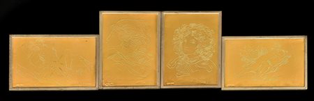 LOTTO DI QUATTRO LASTRE IN ARGENTO E ORO realizzate su una lastra in argento...