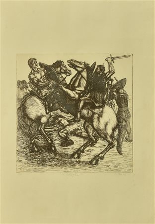 Leonardo Lo Staino LA BATTAGLIA acquaforte su carta, battuta cm 24,5x23,5, su...