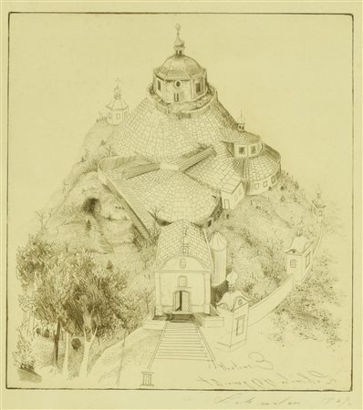 Ignoto MONASTERO incisione su carta, battuta cm 24,5x22,5, su foglio...