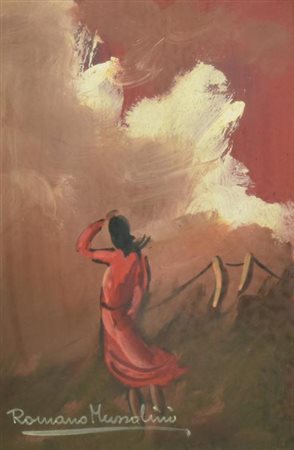 Romano Mussolini FIGURA AL TRAMONTO olio su masonite, cm 30x20 firma