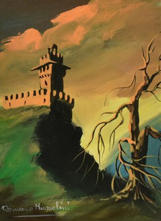 Romano Mussolini LA ROCCA tecnica mista su tela, cm 40x30 firma sul retro:...