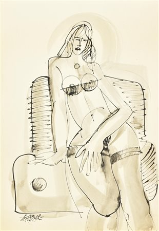 GIANBAR (Gianni Baretta) DONNA CON MELA china acquarellata su carta, cm 50x35...