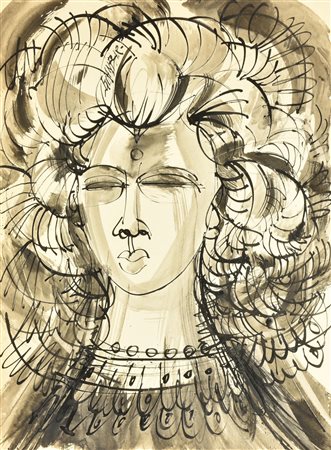 GIANBAR (Gianni Baretta) DONNA CON COLLANA china acquarellata su carta, cm...