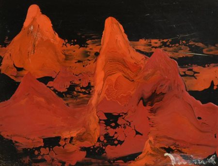 Harry Jelinek PAESAGGIO IN ROSSO tecnica mista su tavola, cm 20x27 firma sul...