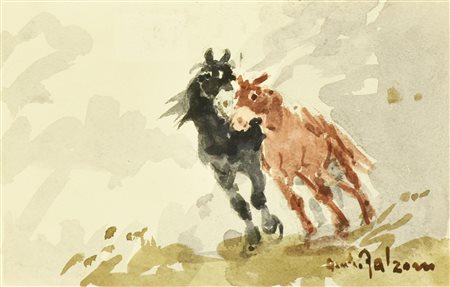 Giulio Falzoni CAVALLI acquarello su carta, cm 15x23 firma sul retro: firma...