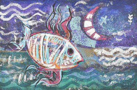 Mohamed Wandavi PESCE LUNARE tecnica mista su tela, cm 20x30 firma e data sul...