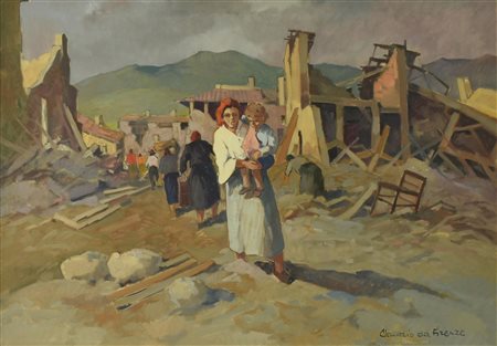 Claudio Da Firenze IL DOPO TERREMOTO olio su tela, cm 50x70 firma sul retro:...