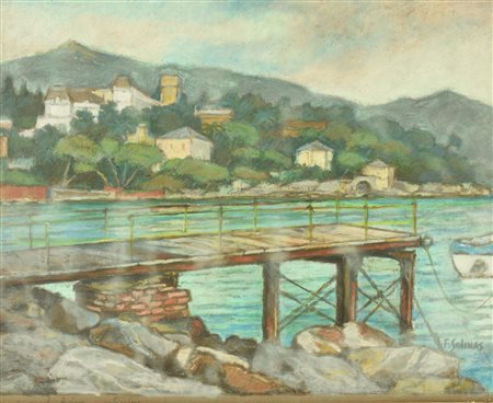 F. Solinas PAESAGGIO COSTIERO tempera su cartone, cm 45x52 firma