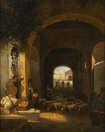 ANONIMO (XIX Secolo): Pastori con armenti sotto un portico
