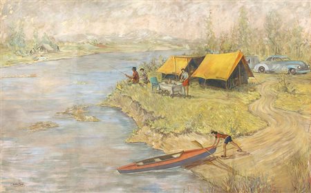 CESARE ANDREONI (Milano, 1903 - 1961): Campeggio 
(Accampamento tende Ettore Moretti)