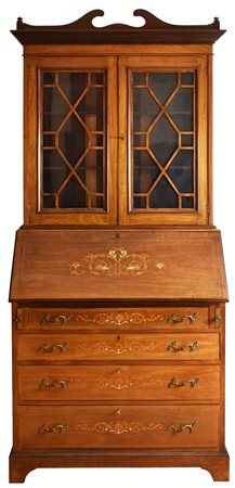 TRUMEAU CON RIBALTA E VETRINA in legno intarsiato con 4 cassetti cm 198x86x41