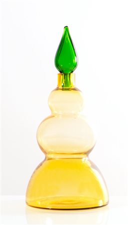 Vetreria Salviati, Bottiglia globulare in vetro trasparente giallo, Murano, Anni ‘80.