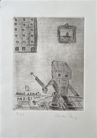 Claudio Parigi ROBOT ARMATO puntasecca, cm 23,5x18, su foglio cm 35x24,5; es....