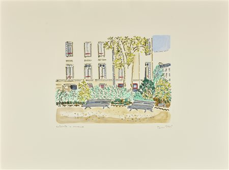 Orfeo Tamburi GIARDINO PARIGINO incisione su carta colorata a mano, battuta...