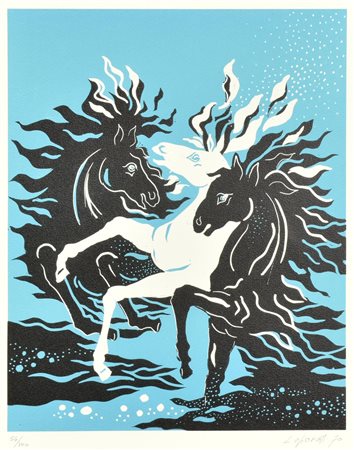 Leporati CAVALLI incisione su carta, cm 33,5x26; es. 54/100 firma e data...