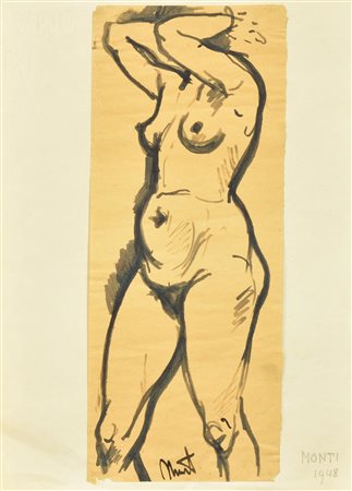 Monti NUDO FEMMINILE china acquarellata su carta cm 27x11 firma eseguito nel...