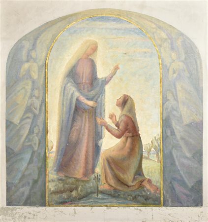 Giovanni Misani SCENA BIBLICA olio su tela applicata a tavola, cm 68x60...