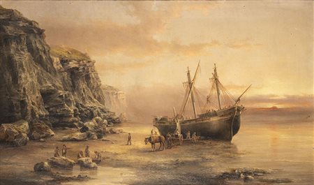 HENRY REDMORE (1820-1887): Paesaggio costiero con veliero, 1884