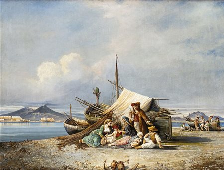 CONSALVO CARELLI (Napoli, 1818 - 1900): Famiglia di pescatori sul golfo di Napoli 