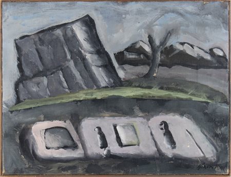 MARIO SIRONI (Sassari, 1885 - Milano, 1961): Composizione con montagne, 1950 ca. 